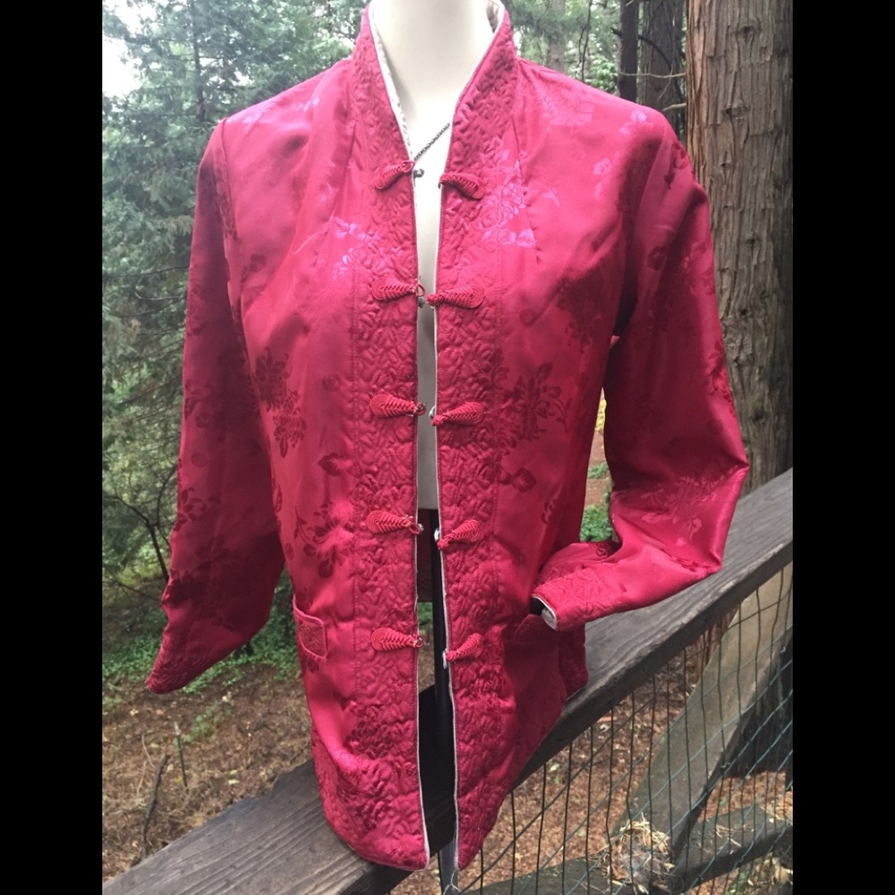 Mandarin silk reversible  quilted embroidered  burgundy jacket